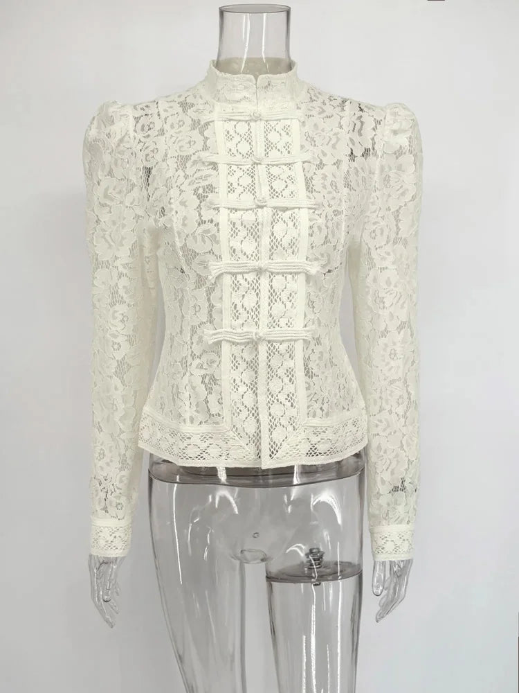 Tossy Summer Lace Printed Shirts Tops Female Hollow Out Fashion Commute Vintage See-Through Blouse Women's Lace Shrug Shirts New