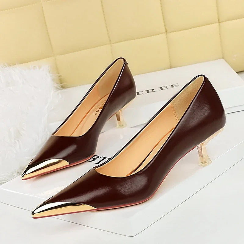 BIGTREE Retro Shallow Metal Pointed Toe High Heels Women Pumps  Stripper Elegant Party Thin Low Heels Black Heels Shoes