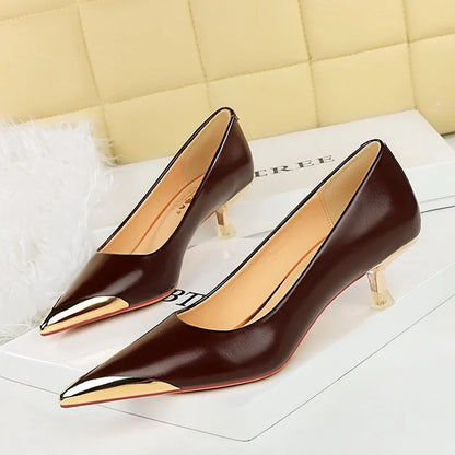 BIGTREE Retro Shallow Metal Pointed Toe High Heels Women Pumps  Stripper Elegant Party Thin Low Heels Black Heels Shoes