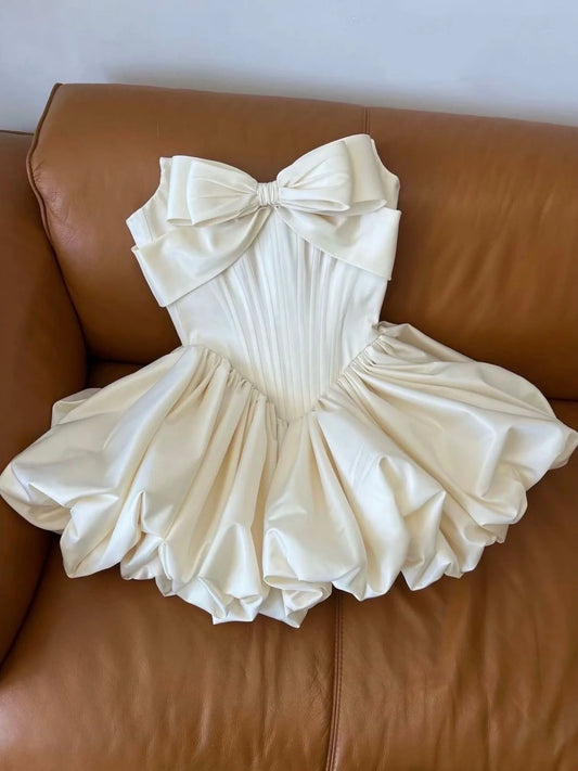 Princess Style  Knot Tube Top Dress Women's Puffy Skirt Formal Dress White Color Spring Season Polyester Fabric