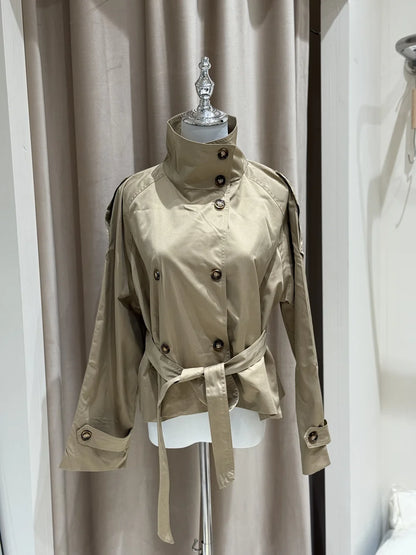 Belted Waist Cropped Trench Jackets Women Double Breasted Stand Collar Coats 2025 Autumn Chic Casual Vintage Jacket Women Cloth