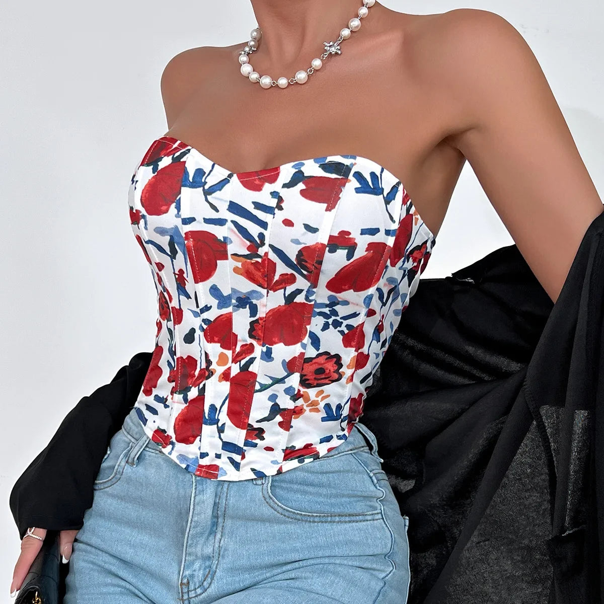 Women Floral Top Sexy Spicy Girl Tank Top Low cut Open Back Flower Wrapped Chest Diamond Fish Bone Strap Waist Vest Tank Top Y2K