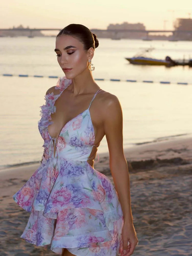FSMG Sweet Pink 3D Flower Ruffles Mini Camisole Dress Fashion Sexy V Neck Sleeveless Backless Short Skirt Evening Party Vestidos