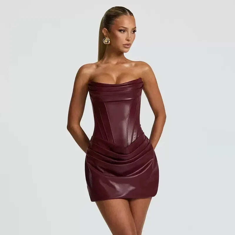Suninheart Pu Faux Leather Party Dress Women 2025 Strapless Bodycon Mini Dress Elegant Lace Up Ruched Dress for Wedding Events