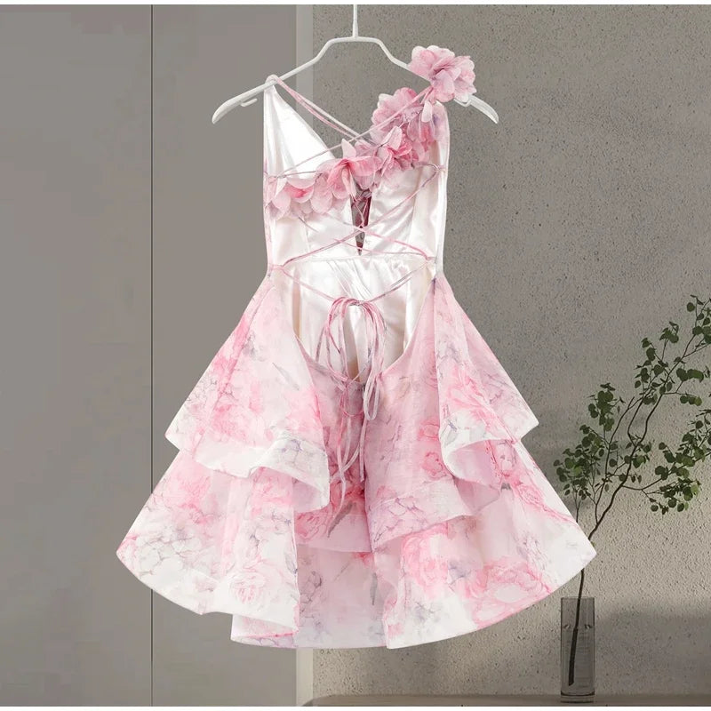 Floral Print Fuffy Short Dress Lace Up Slim Fit Strap Gown 3D Flower Bud Skirt Hemline Halter Backless Beach Suspender Dresses