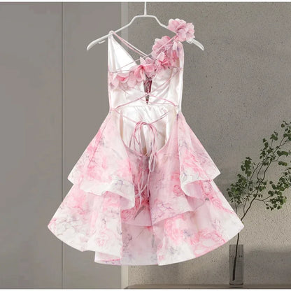 Floral Print Fuffy Short Dress Lace Up Slim Fit Strap Gown 3D Flower Bud Skirt Hemline Halter Backless Beach Suspender Dresses