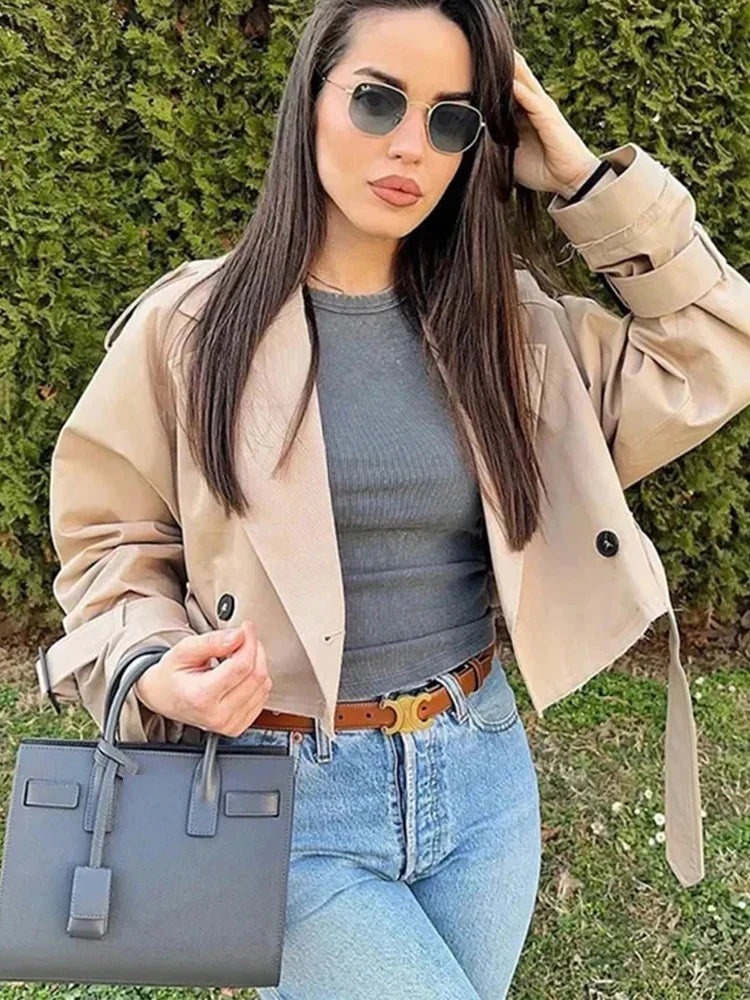 HH 2025 Women Belt Cropped Trench Spring Jacket Vintage Streetwear Double Breasted Long Sleeve Top Female Coat Outfits
