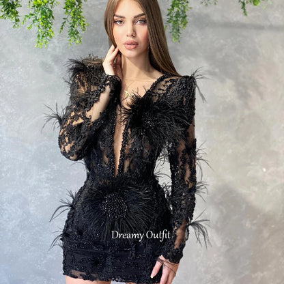 Dreamy Customized ﻿﻿ Evening Dress Women's Dress with Beaded Embroidery Feather Sleeves Sexy VCollared Dress for Banquet Party