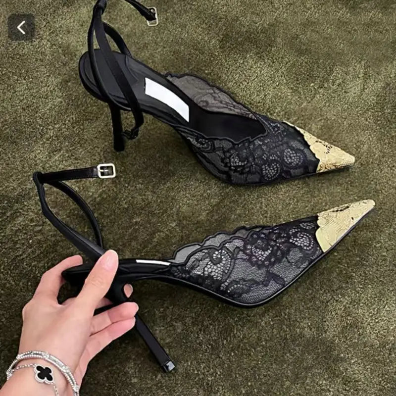 2026 Fashion Lace Sequin Hollow Out Mesh Women Pumps Sexy Pointed Toe Designer Low Heels Slingback Sandals Ladies Shoes
