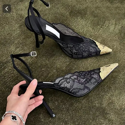 2026 Fashion Lace Sequin Hollow Out Mesh Women Pumps Sexy Pointed Toe Designer Low Heels Slingback Sandals Ladies Shoes