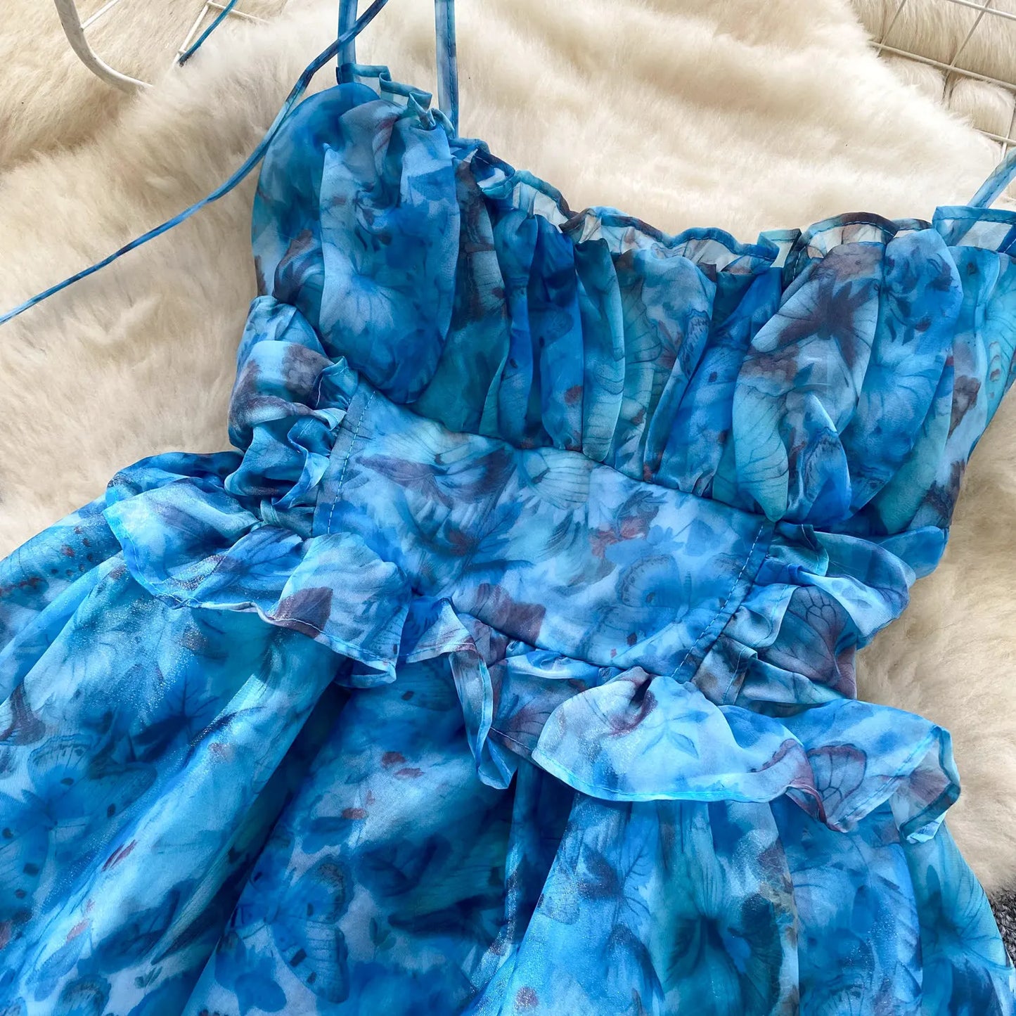 SINGREINY Holiday Print Flowy Birthday Dress Women Strap Butterfly Vacation Cake Sundress Organza Luxury Party Short Dress