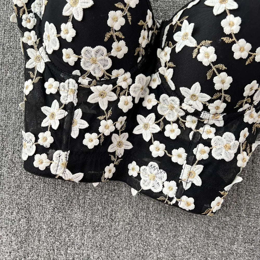 Women Crocheted 3D Lace Corset Stylish Floral Embroidery Bustier Push Up Bra Lady Tank Top Elegant Cropped Top Club Party Bralet