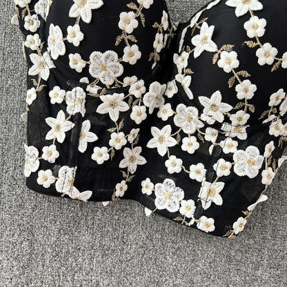 Women Crocheted 3D Lace Corset Stylish Floral Embroidery Bustier Push Up Bra Lady Tank Top Elegant Cropped Top Club Party Bralet