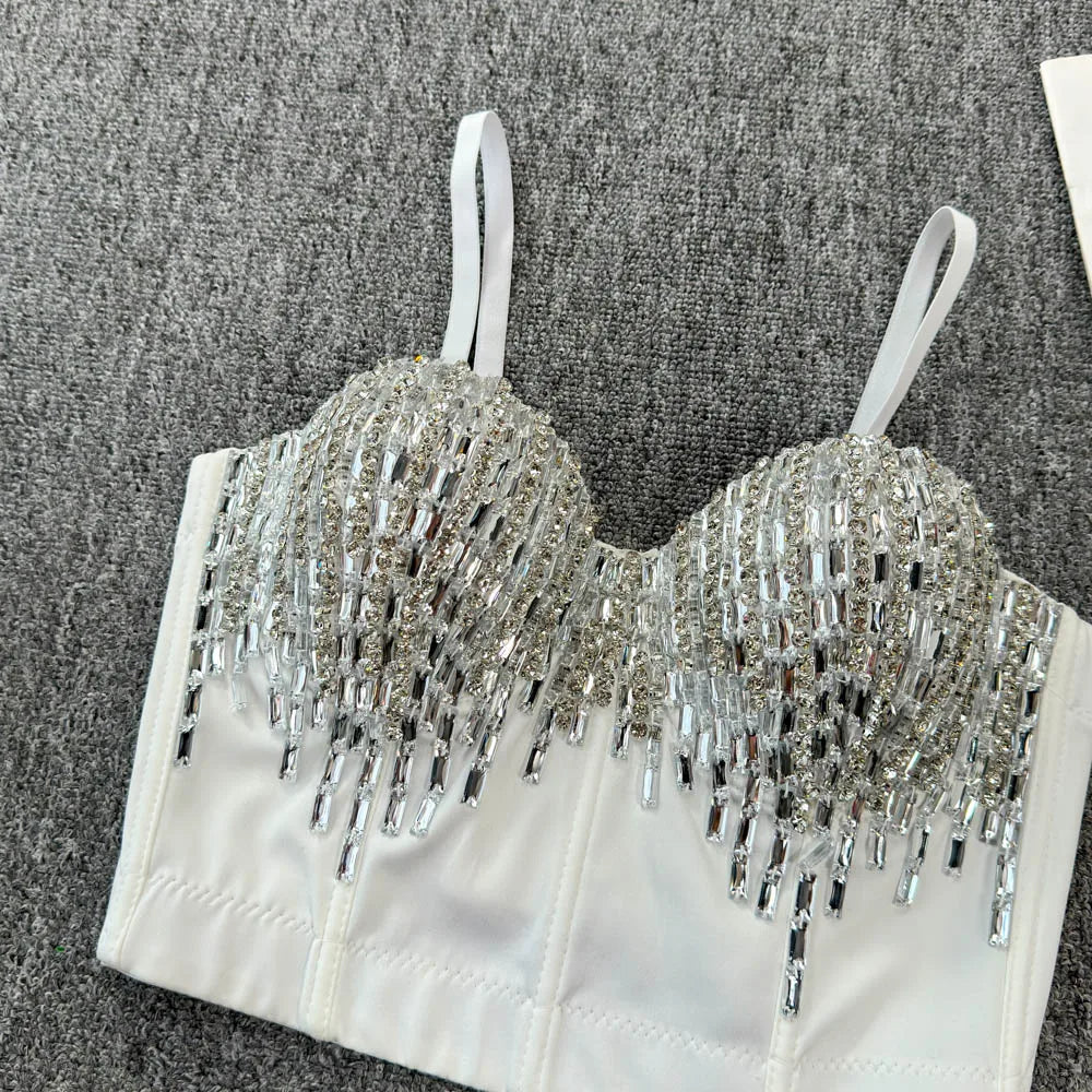 Sexy Club Dancing Csole Diamond Embellied ort Vest Inner Wear Outerwear Trendy Fibone Bra Top Women's Vest