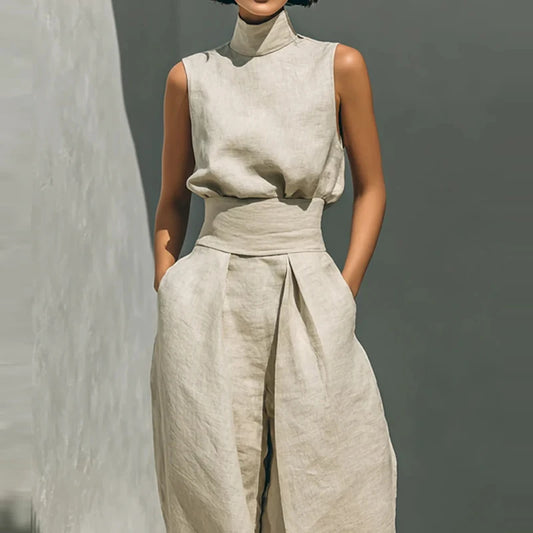 Sleeveless top+wide leg pants summer casual two-piece set elegant and loose office set high street pocket women's set