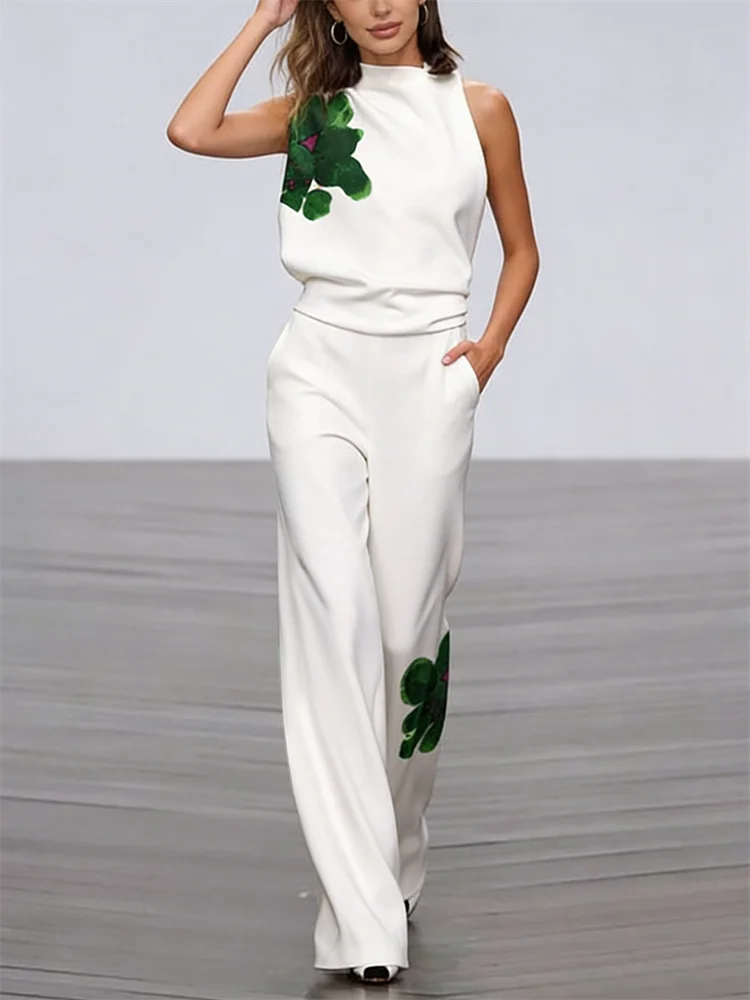 UOOZEE 2025 New Summer Women's 2 Piece Sets Fashion Floral Printed High Neck One-shoulder Tops & High Waisted Straight Leg Pants
