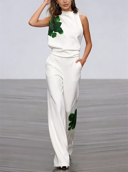 UOOZEE 2025 New Summer Women's 2 Piece Sets Fashion Floral Printed High Neck One-shoulder Tops & High Waisted Straight Leg Pants