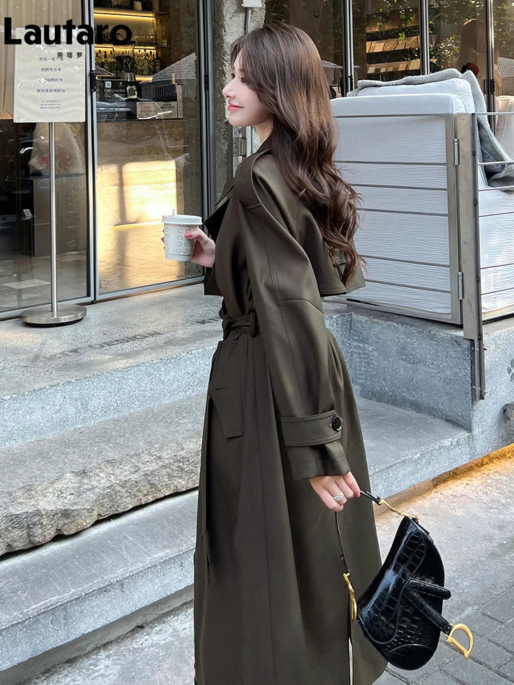 Lautaro Spring Autumn Long Trench Coat for Women with Belt Raglan Sleeve Elegant High Quality Chic Luxury Designer Clothing 2026