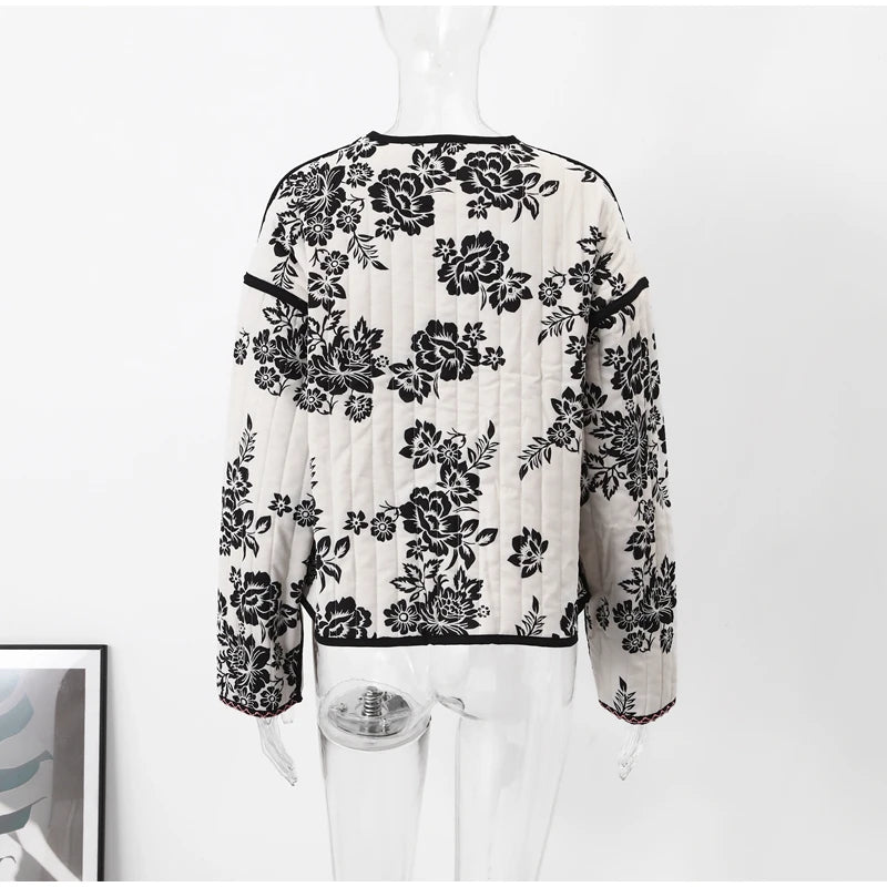 HH Floral Print Jacket For Women Autumn Quilted Reversible Cotton Coat Cardigan Long Sleeve Jackets Elegant Woman Streetwear