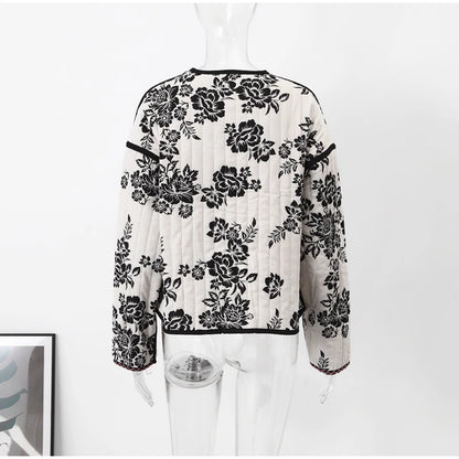 HH Floral Print Jacket For Women Autumn Quilted Reversible Cotton Coat Cardigan Long Sleeve Jackets Elegant Woman Streetwear