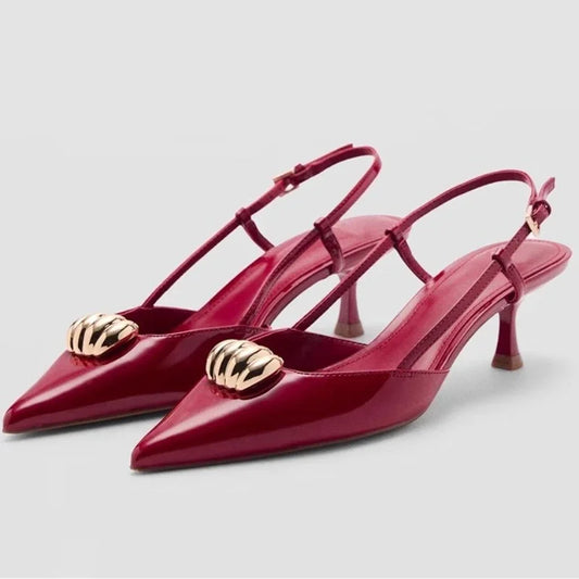 Fashion Metal Decoration Designer Pumps Women Sexy Pointed Toe Backless Banquet high Heels Luxury Wedding Bridal Shoes Sandals