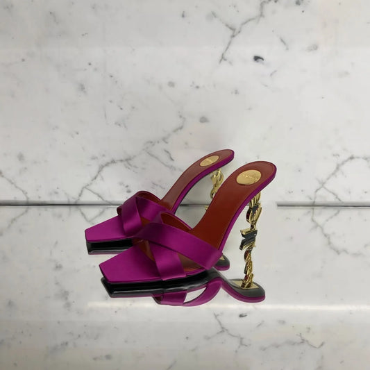 New 2026 Women's Fashionable Silk Satin Cross Band Metal Letter Heel Square Head High Heel Sandals Open Toe Stylish Pointed Toe