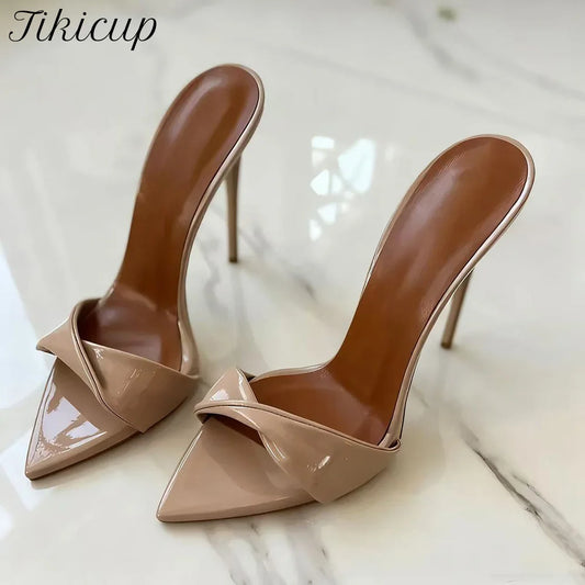 New Arrival Women's Slippers Nude PU Leather Pointed Toe 12cm Stiletto Mules Elegant High Heel Slides for Party Catwalk Shoes