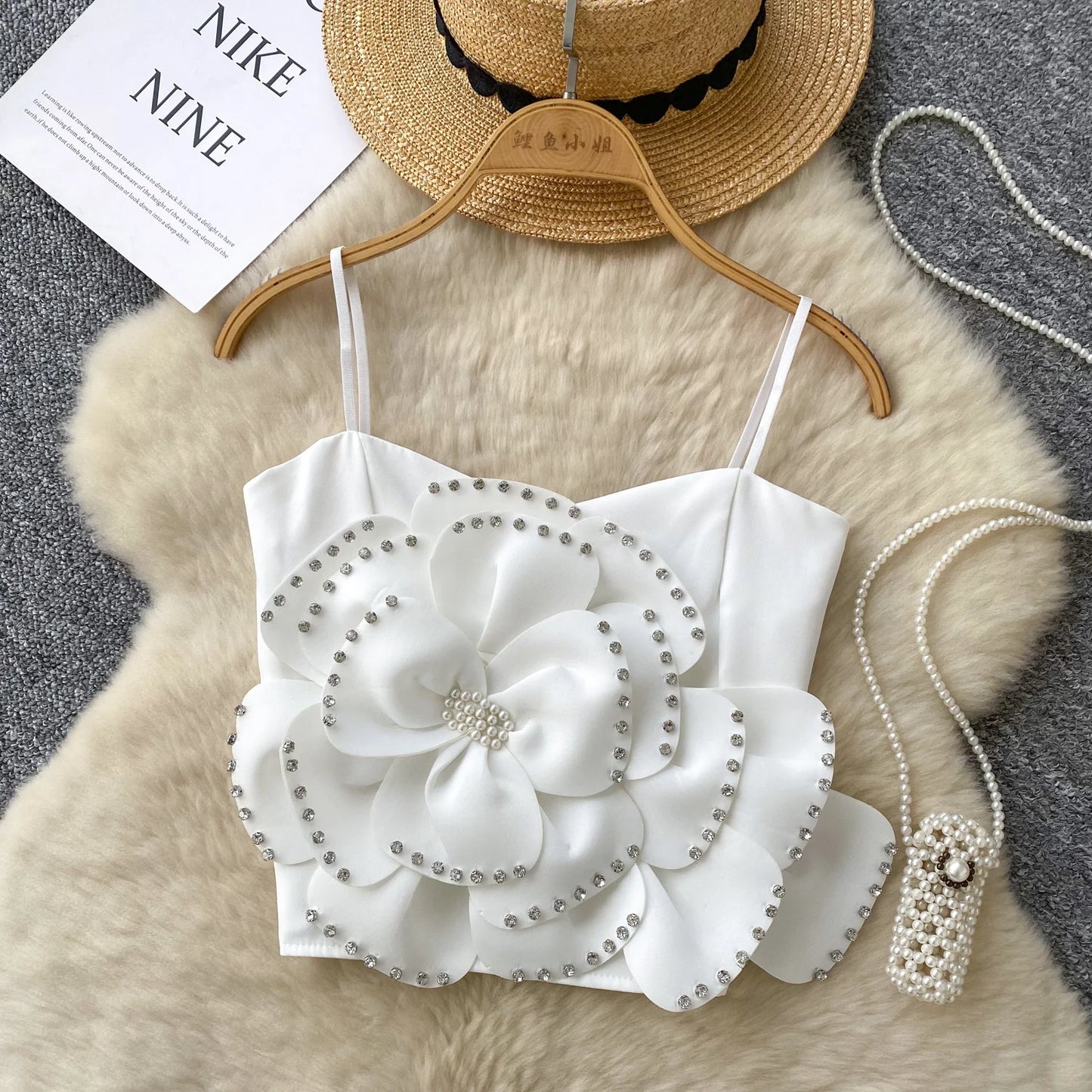New French Sweet Strap Camisole Strapless 3D Floral Beading Diamonds Design Tops Elastic Ruched Slim Streetwear Tank Top