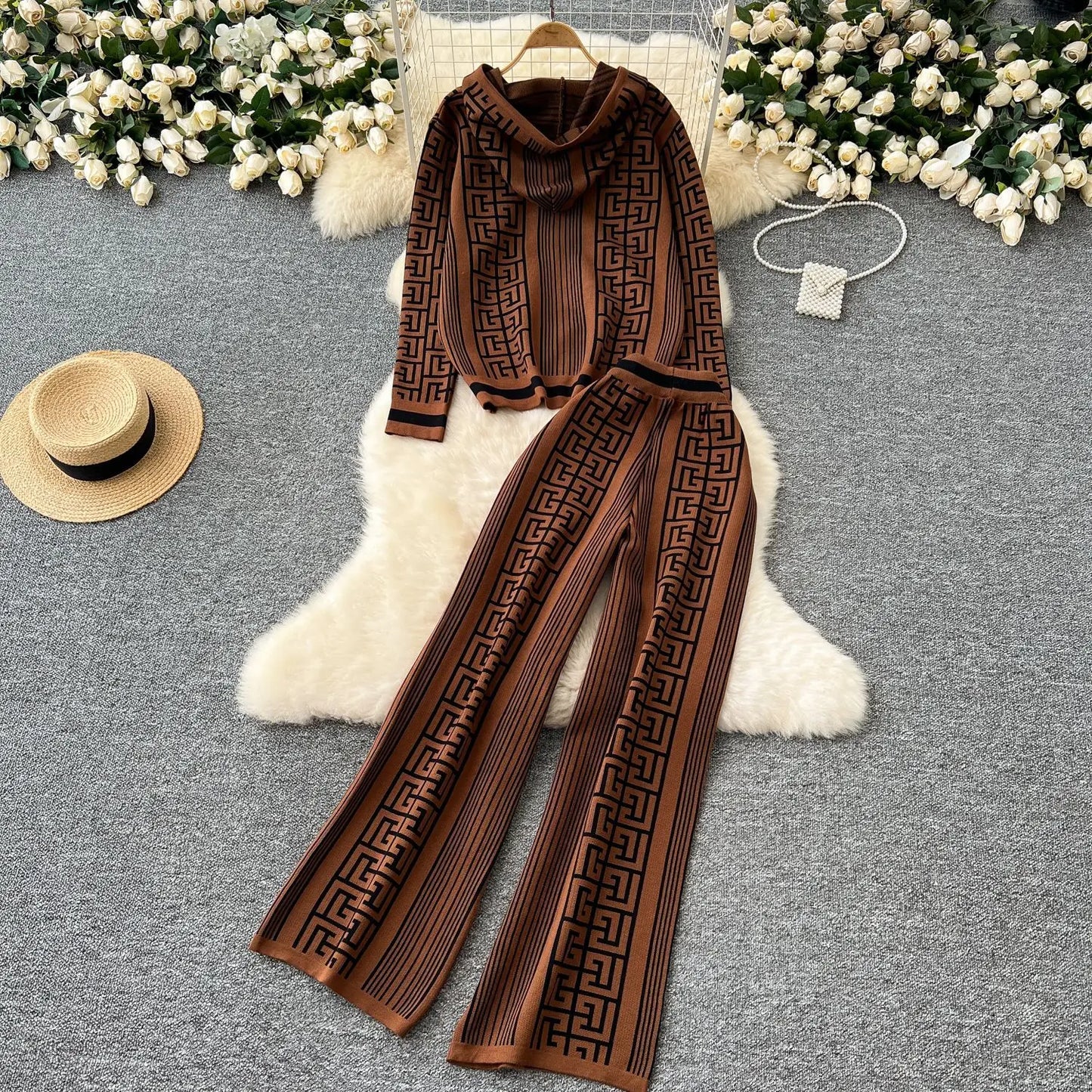 Autumn Pant Set Women Two Piece Sets Hooded Matching Sets Tops Wide Leg Long Pants High Waist Y2k Streetwear Work Print 2025