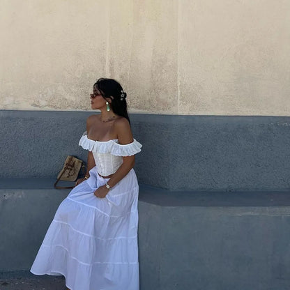 White Lace Ruffle Corset Short Vest For Women Elegant Backless Off Shoulder Cropped Shirts Female Summer Party Club Tops