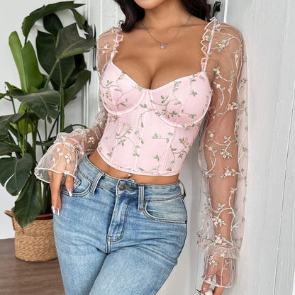Sexy Spicy Girl Mesh Long Sleeve Corsets Shaper Flower Embroidery Bustiers Fishbone Slim Fit Fashion Versatile Women Corset Top
