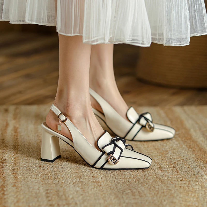 Dilalula 2025 French Style Genuine Leather Sandals Women Covered Toe Butterfly Knot Party Dating Sandals Office Ladies Pumps