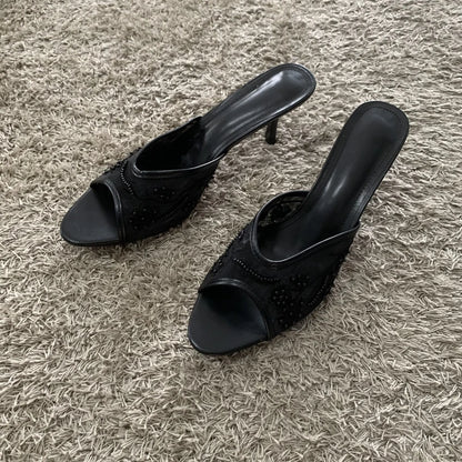 2026 String Bead Mesh Embroider Slingback High Heels Women Sexy Peep Toe Heeled Sandals Summer Elegant Luxury Designer Shoes