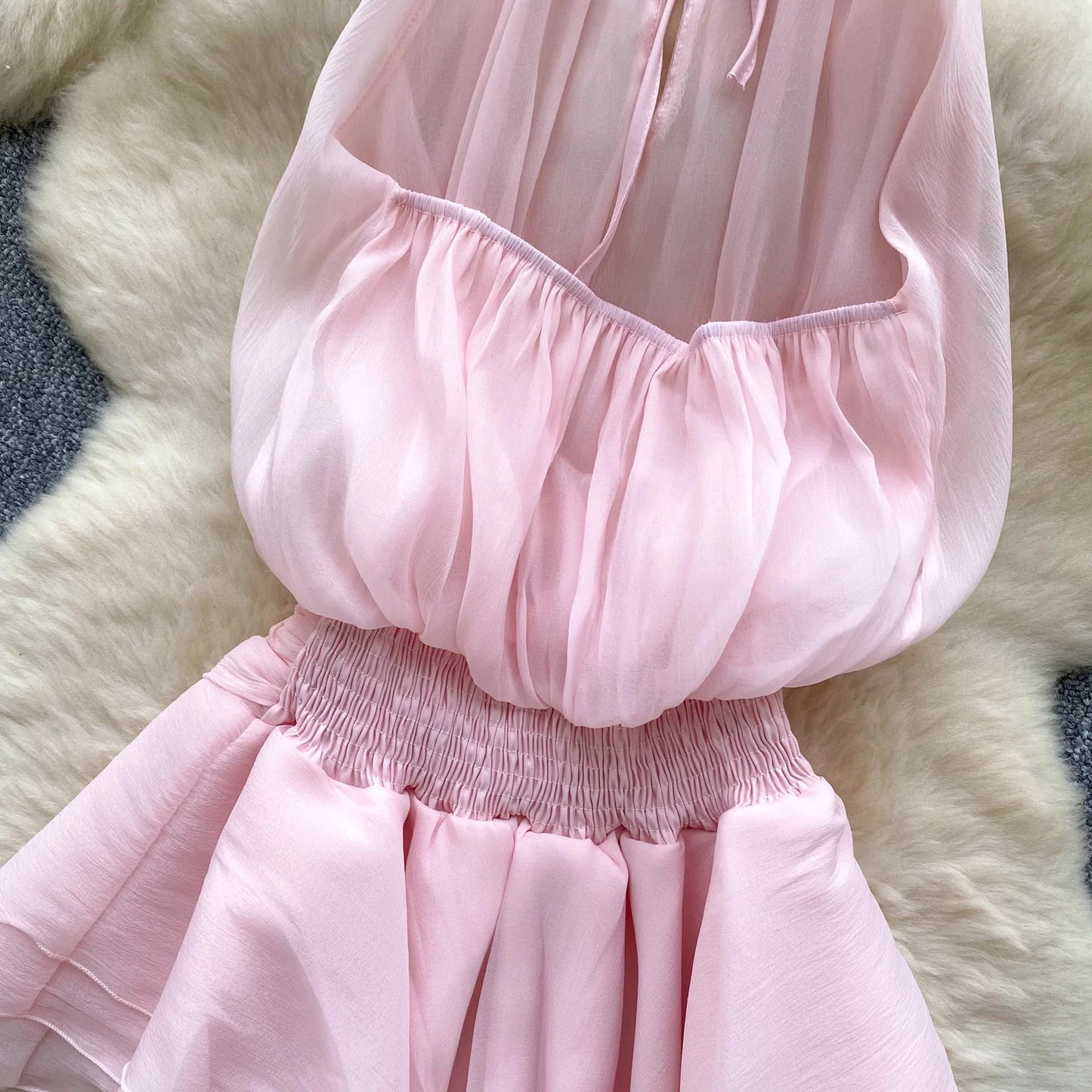 SINGREINY Strap Chiffon Mini Dress Female Pearl Halter Sleeveless Backless Sexy Design Fairycore Vacation Summer Ruffles Dress