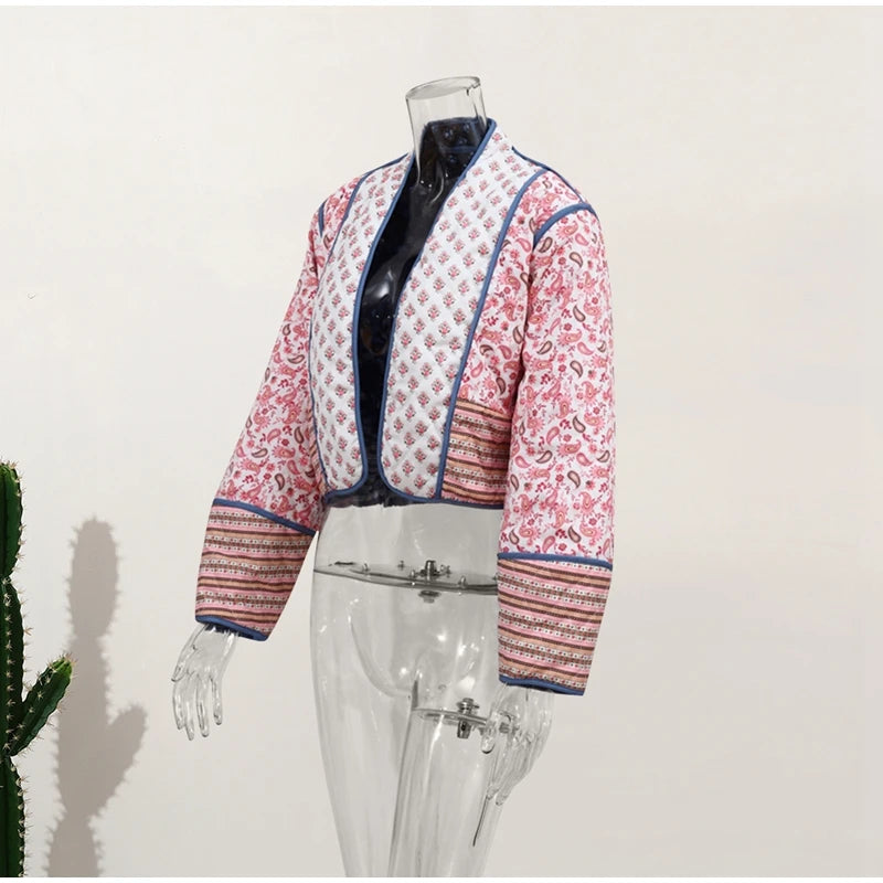 HH Floral Print Jacket For Women Autumn Quilted Reversible Cotton Coat Cardigan Long Sleeve Jackets Elegant Woman Streetwear