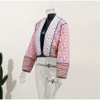 HH Floral Print Jacket For Women Autumn Quilted Reversible Cotton Coat Cardigan Long Sleeve Jackets Elegant Woman Streetwear