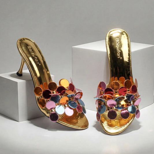Floral High Heel Open Toe Sandals Women's Versatile Casual Slip-On Shoes Fashionable European Style round Toe Rubber Outsole