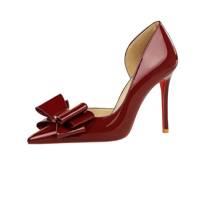 Nude Patent Leather Pointed Toe Stiletto Heel Pumps With Bow Cut Out High Heels For Wedding Party Prom Evening Formal Dress