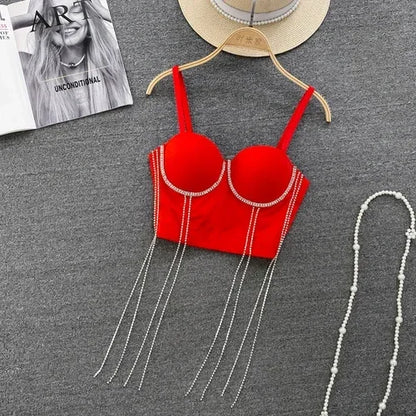 Women Chic Tassels  Pads Rhinestone Basic  Corset Straps Camis Slim  Hot Sexy Fashion Bare NavelBackless Tops Women Crop Top