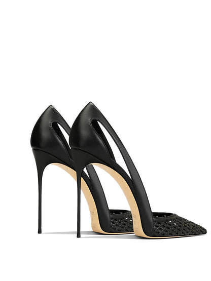 Summer New Women's Black Leather Woven Fashionable and Sexy Pointed Thin Heel High-heeled Shoes