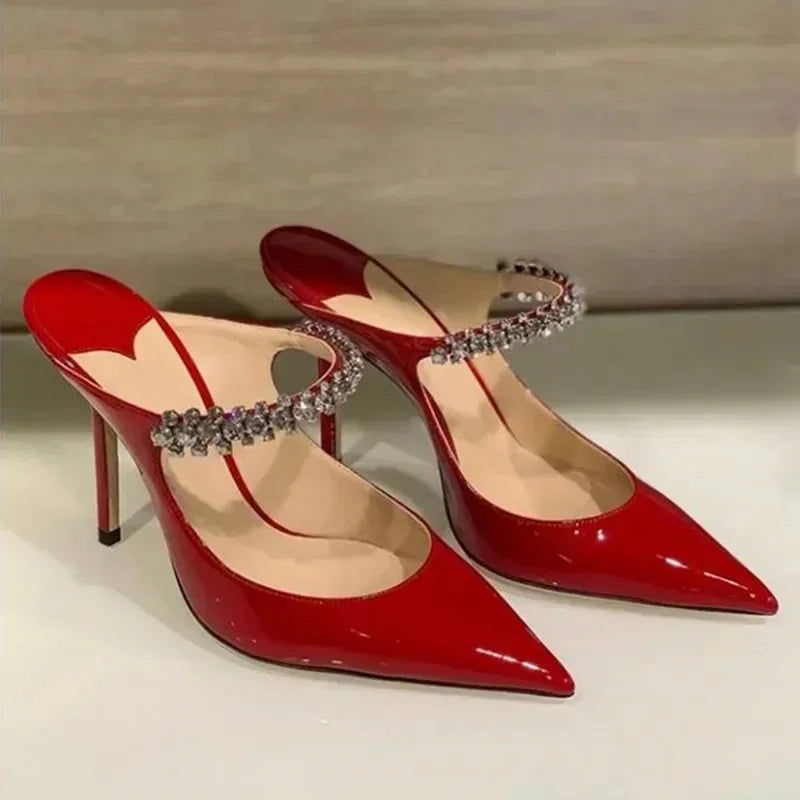 Women's Sandals 2026 New High Heels Fashion Water Diamond Chain Banquet Pointed Fine Heels Women's Muller Shoes