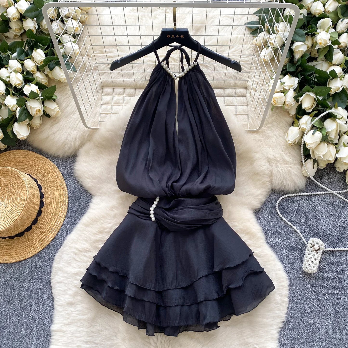 SINGREINY Strap Chiffon Mini Dress Female Pearl Halter Sleeveless Backless Sexy Design Fairycore Vacation Summer Ruffles Dress