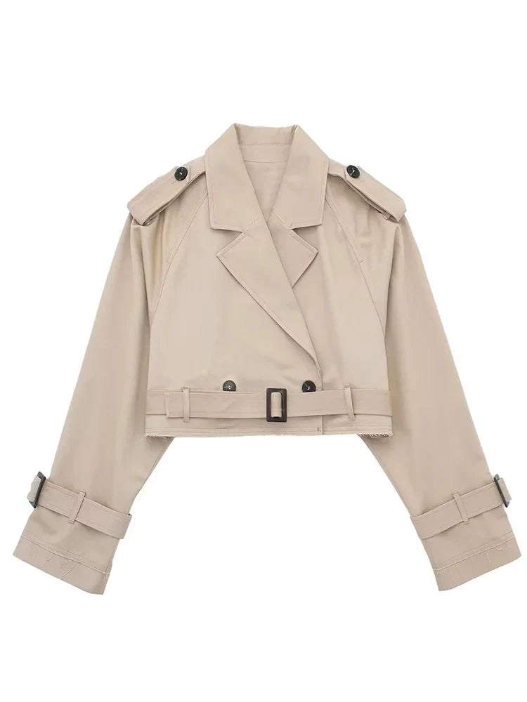 HH 2025 Women Belt Cropped Trench Spring Jacket Vintage Streetwear Double Breasted Long Sleeve Top Female Coat Outfits