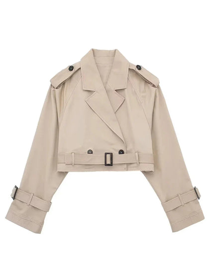 HH 2025 Women Belt Cropped Trench Spring Jacket Vintage Streetwear Double Breasted Long Sleeve Top Female Coat Outfits