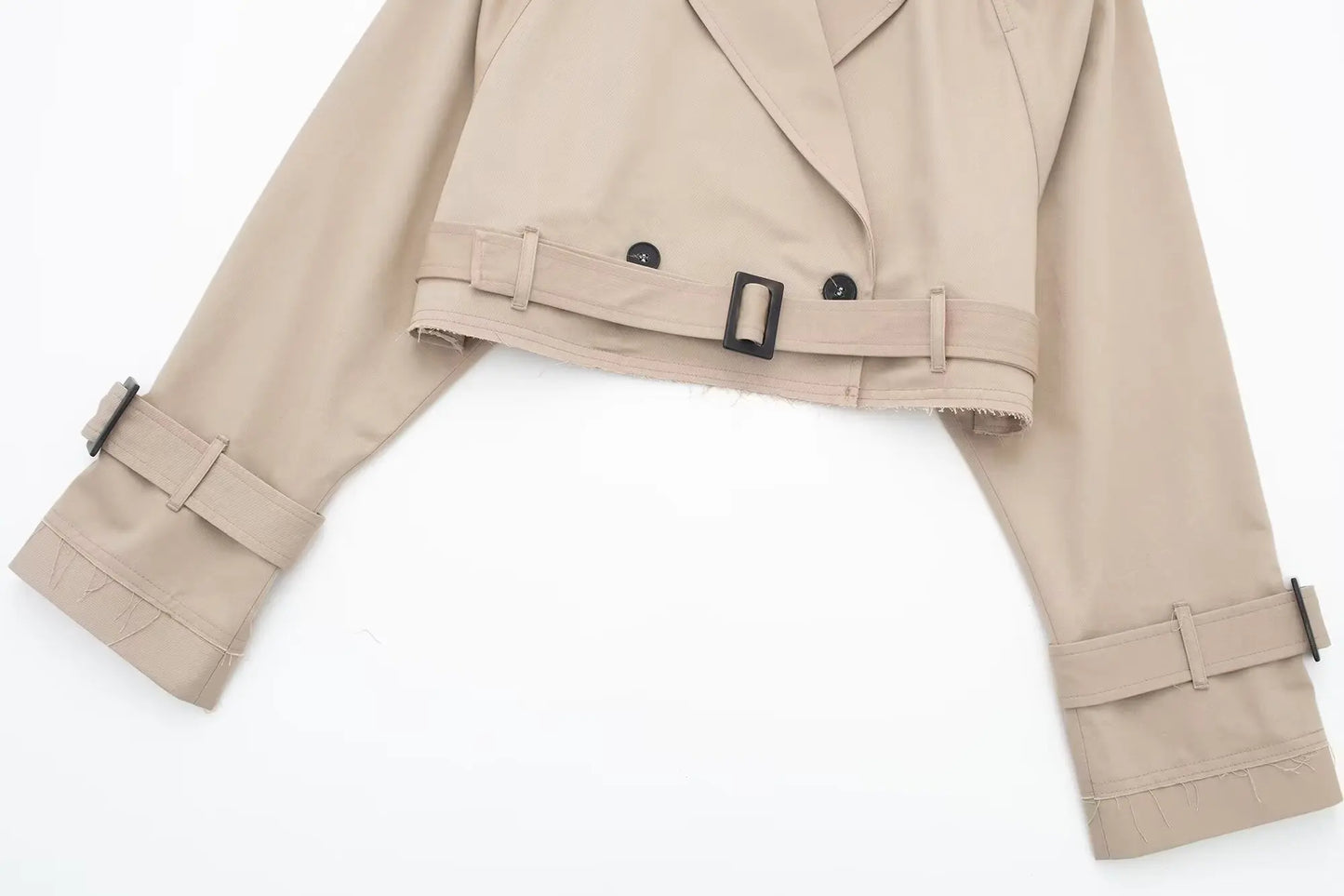 HH 2025 Women Belt Cropped Trench Spring Jacket Vintage Streetwear Double Breasted Long Sleeve Top Female Coat Outfits