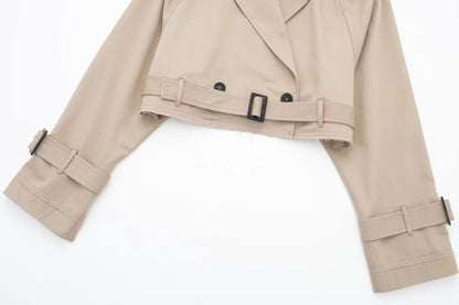 HH 2025 Women Belt Cropped Trench Spring Jacket Vintage Streetwear Double Breasted Long Sleeve Top Female Coat Outfits