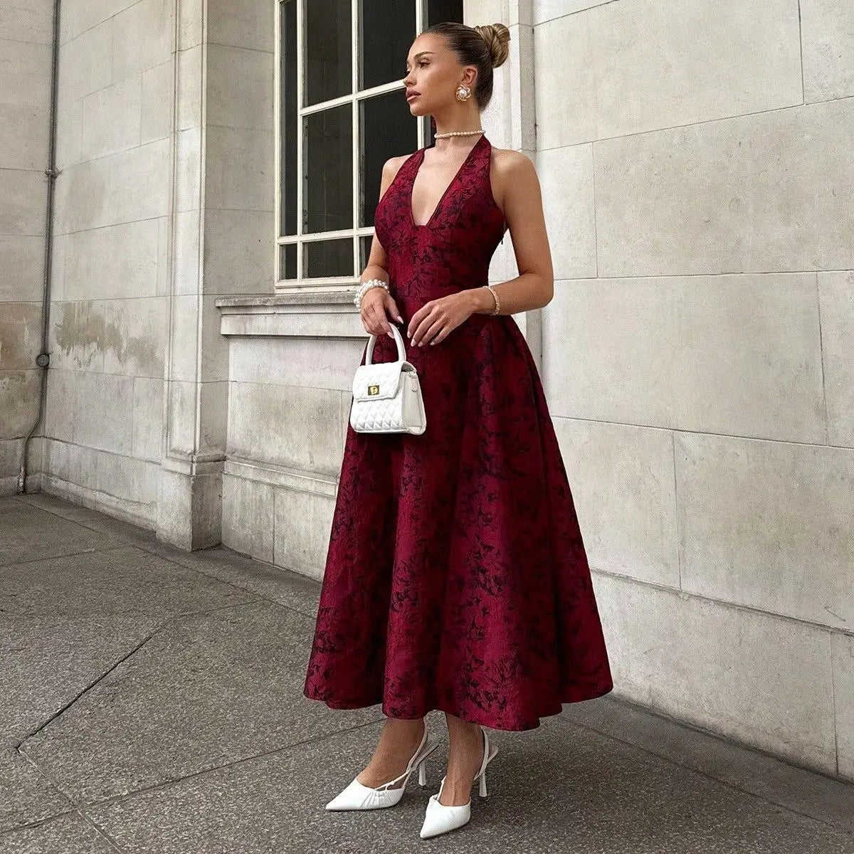Evening Party Dresses Women Summer Sexy Bow Halter Long Dress Elegant Jacquard Lace Up Backless Birthday Robe