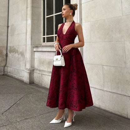 Evening Party Dresses Women Summer Sexy Bow Halter Long Dress Elegant Jacquard Lace Up Backless Birthday Robe