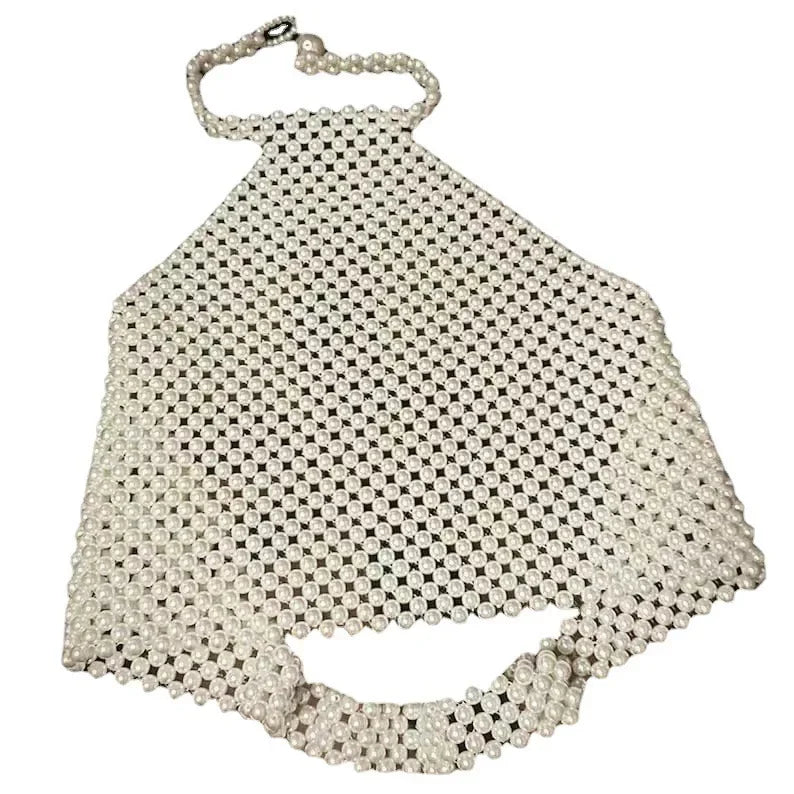 Handcrafted Elastic Pearl Beaded Sexy Hot Girl Bralette Top White Beaded Crop Top Women's Fashion Vest Strapless Bra