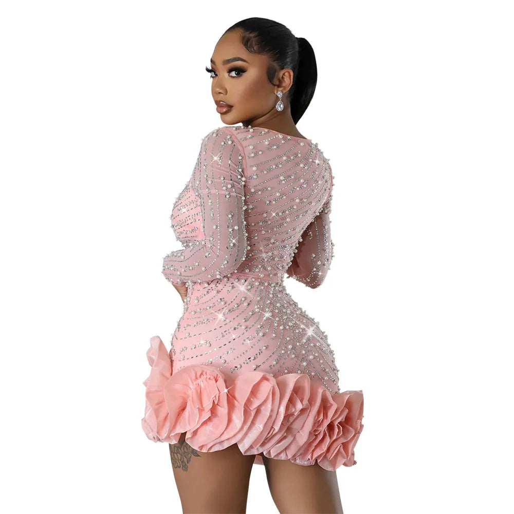 CM.YAYA Spring Women Long Sleeve Ruffles Hot Drilling Bead Short Dress Sexy Night Club Evening Birthday Mini Dresses Vestidos